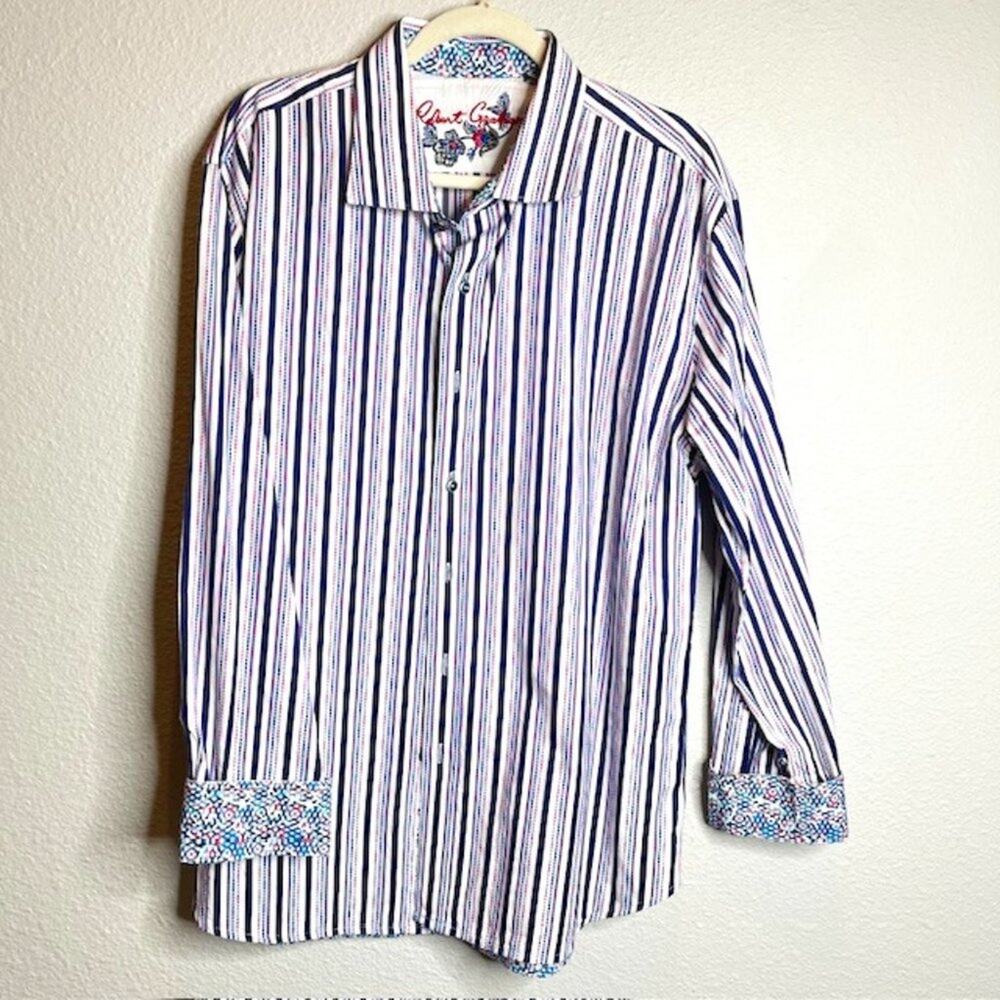 Robert Graham Men's Size X-Large Blue Stripe Flip Collar & Cuff Shirt